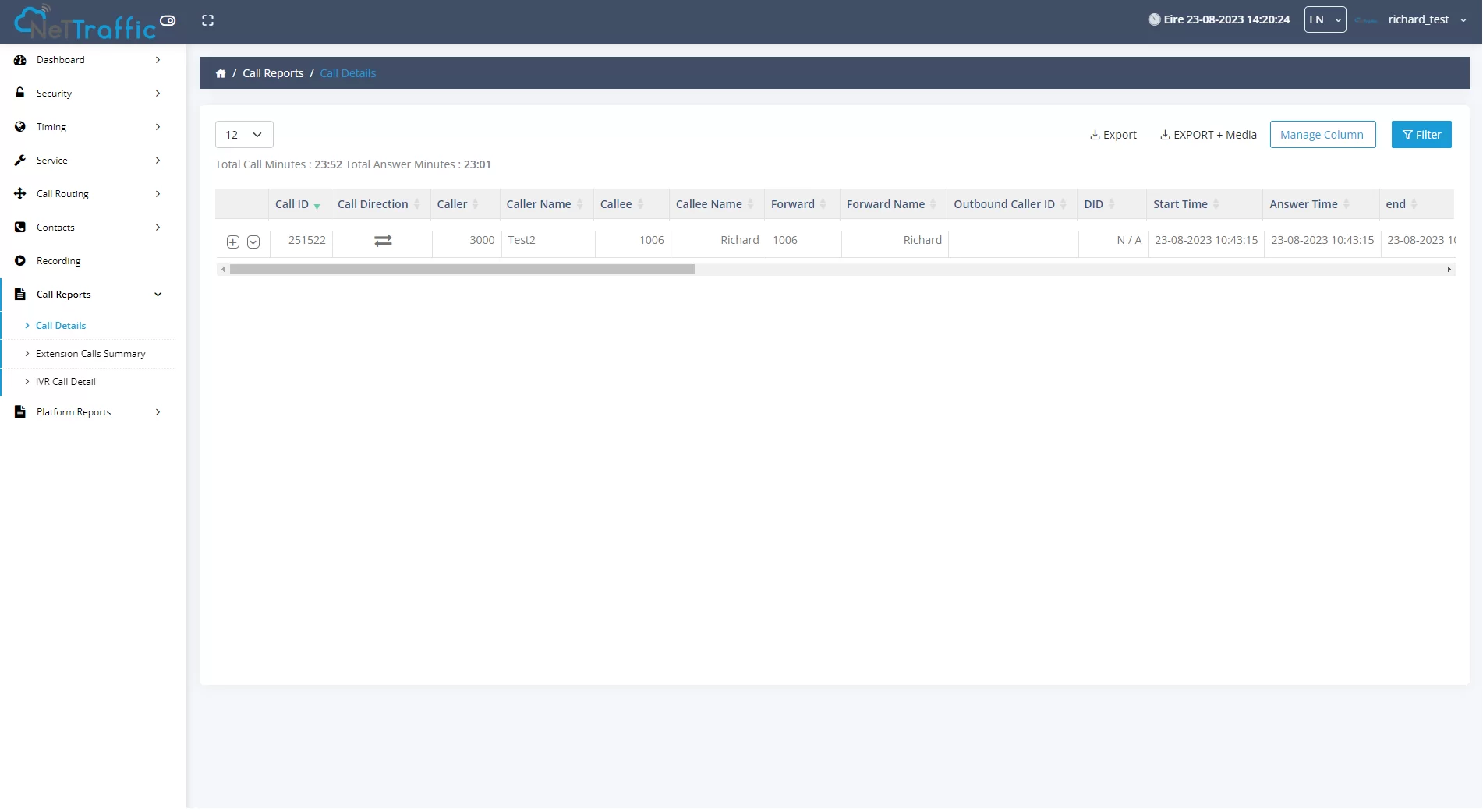NetTraffic Cloud PBX portal call reports screen showing caller, callee, start time and call duration