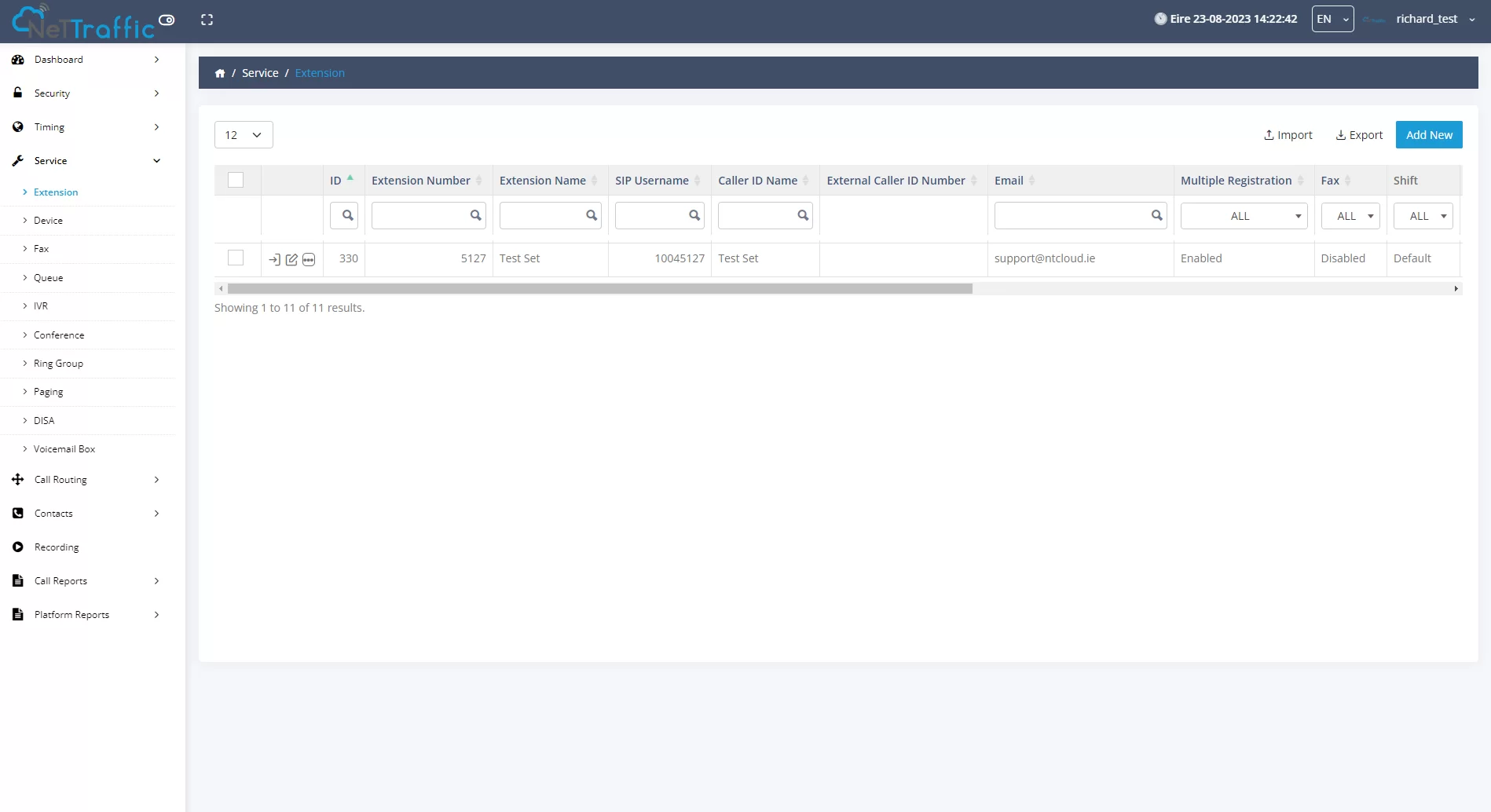NetTraffic Cloud PBX portal extension management screen listing extension numbers, names and SIP details